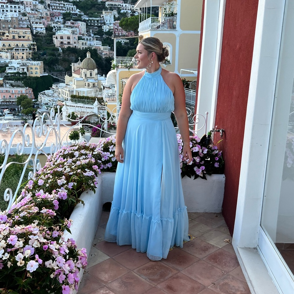 Sky Blue Chiffon Tiered Gown by Mac Duggal